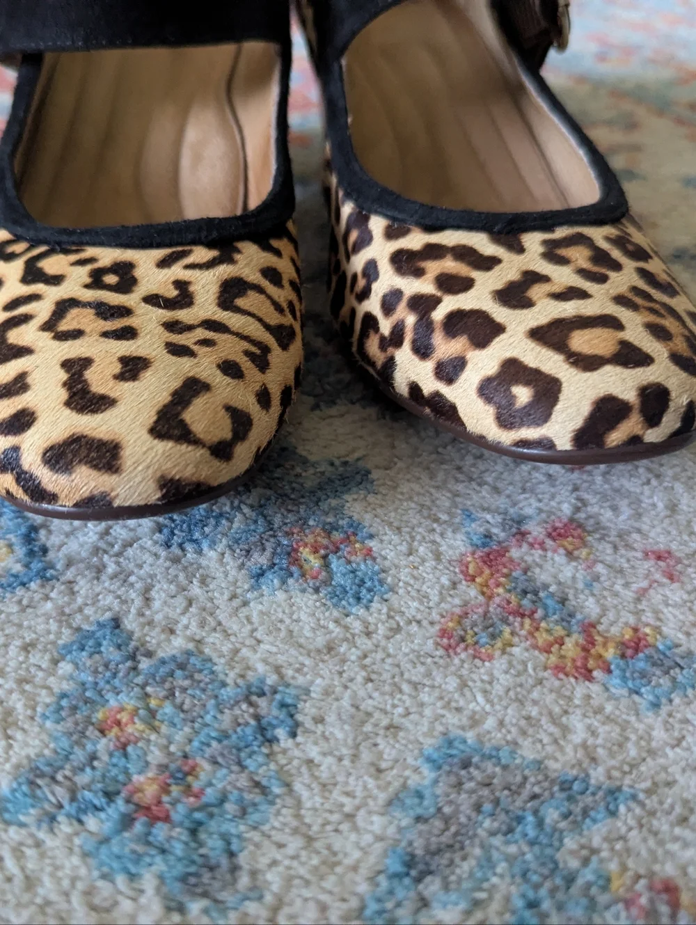 Sofft Women's 7.5 Lorna Leopard Tan Mary Jane Heels Cow Hair Leather Shoes